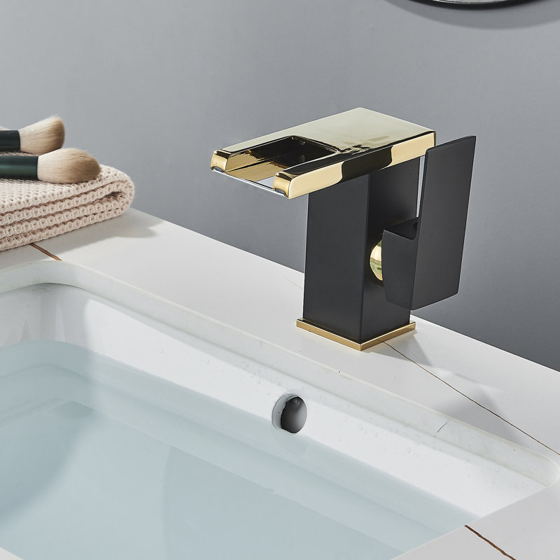 Robinet de lavabo de salle de bain bicolore noir et doré à DEL deux tons, bec cascade Mosson avec flux lumineux