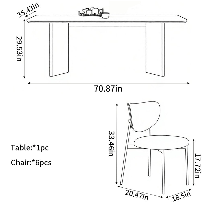 Ellis, 7 pièces : table, 6 chaises, H 29,53 po x l 70,87 po x P 35,43 po
