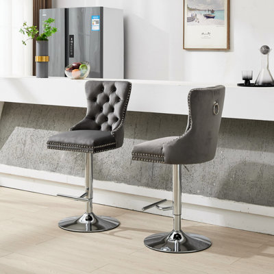 Gris de 2 velours pivotant réglable de 25 à 33 po de hauteur, rembourré moderne avec siège à losanges, éponge et ressorts et boutons pour la cuisine