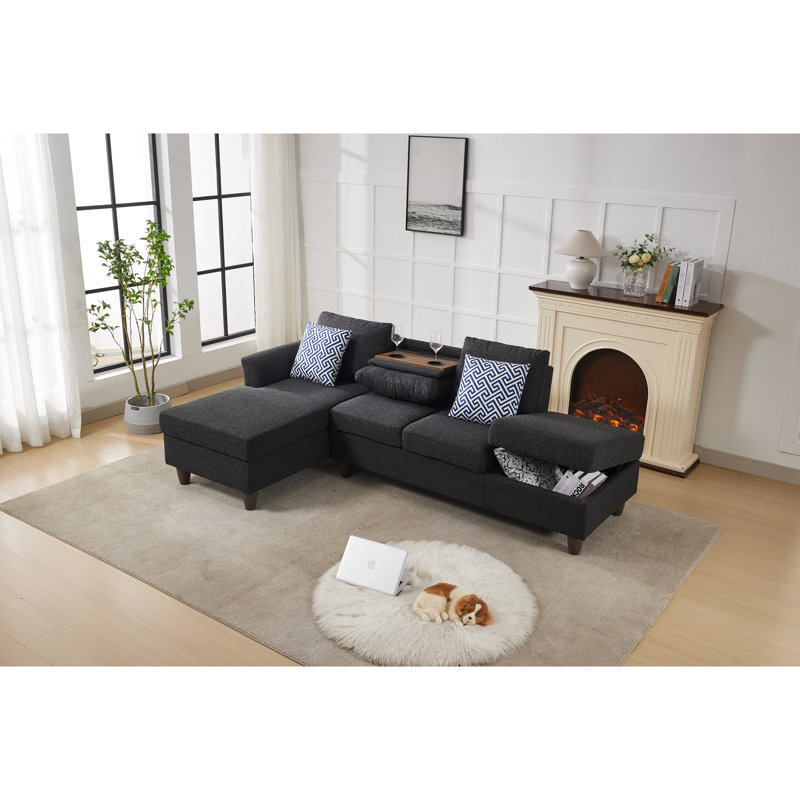Modular Reconfigurable 4 - Seat Linen With Hidden Drawers And Coordinated Pillows Wood Frame, Medium Soft Foam Filler, Black Gray Colors, 97 In Depth, 57 Width, 34 Height, 162.7 Lb Compartments For