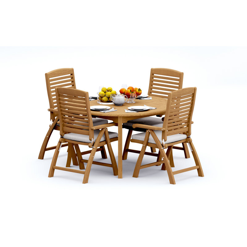 3 Seats 4 Pcs Grade-A Teak Wood Dining Set: 52" Round Table And 3 Ashely Folding Reclining Arm Chairs #11AS1103, 4