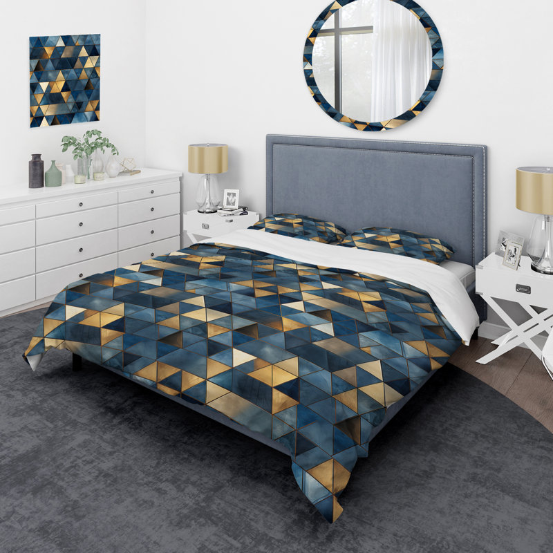 Natural Tones Grey And Beige Mosaic Geometric Shapes Duvet Cover, Queen Duvet Cover + 2 Standard Shams, Geometric Shapes 6