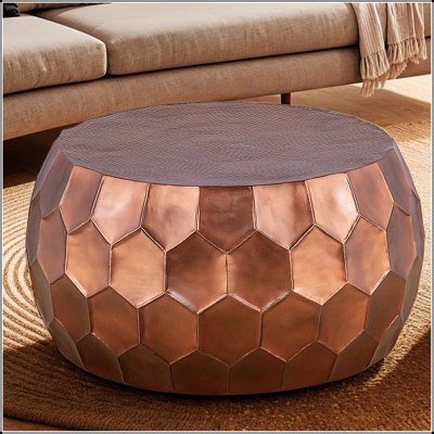 Modern Contemporary Round Aluminum 32 Inch Coffee Table with Glossy Diamond-Patterned Base, Farmhouse Style