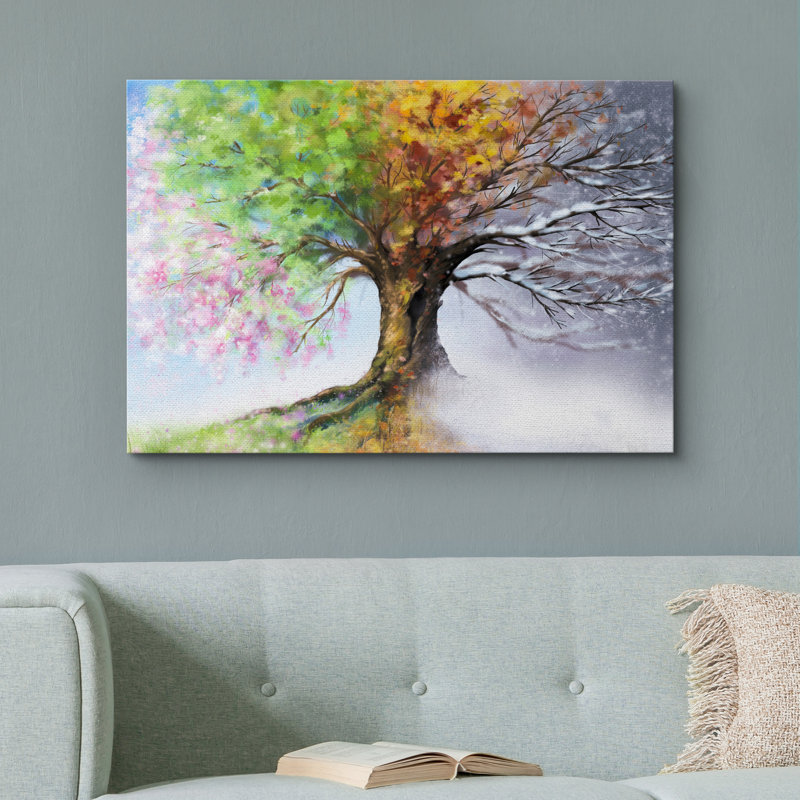 Printemps, été, automne, hiver, arbre, illusion sur toile, Toile tendue, H 16 po x l 24 po
