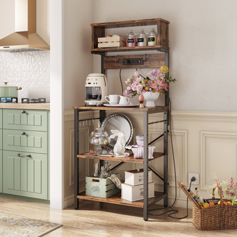 Bulut 23.62'' Kitchen Baker's Rack with Power Outlet, Microwave Oven Stand 5 Tiers, Rustic Brown/Black
