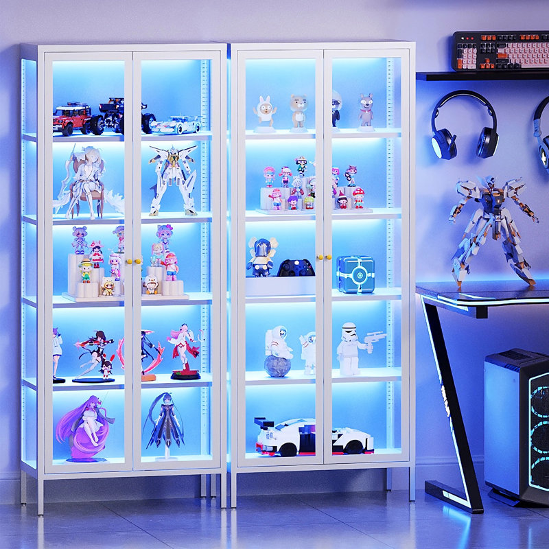 Armoire de salle à manger à 5 côtés en verre à 5 niveaux avec lumières, présentoir en métal, Blanc