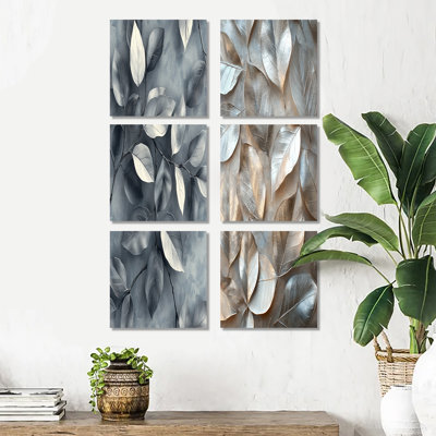Cuivre, argent, feuilles d'étain - ensemble de 6 impressions florales sur toile