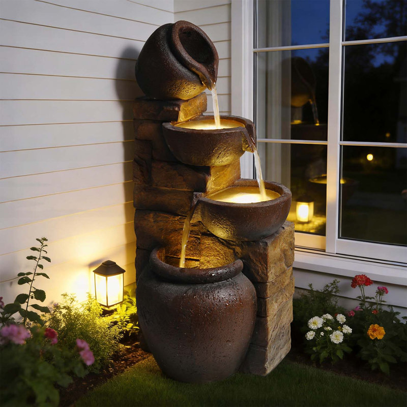 Fontaine d'extérieur avec lumières, cascade de casiers à 4 niveaux pour jardin et patio, conception rustique avec DEL intégrée