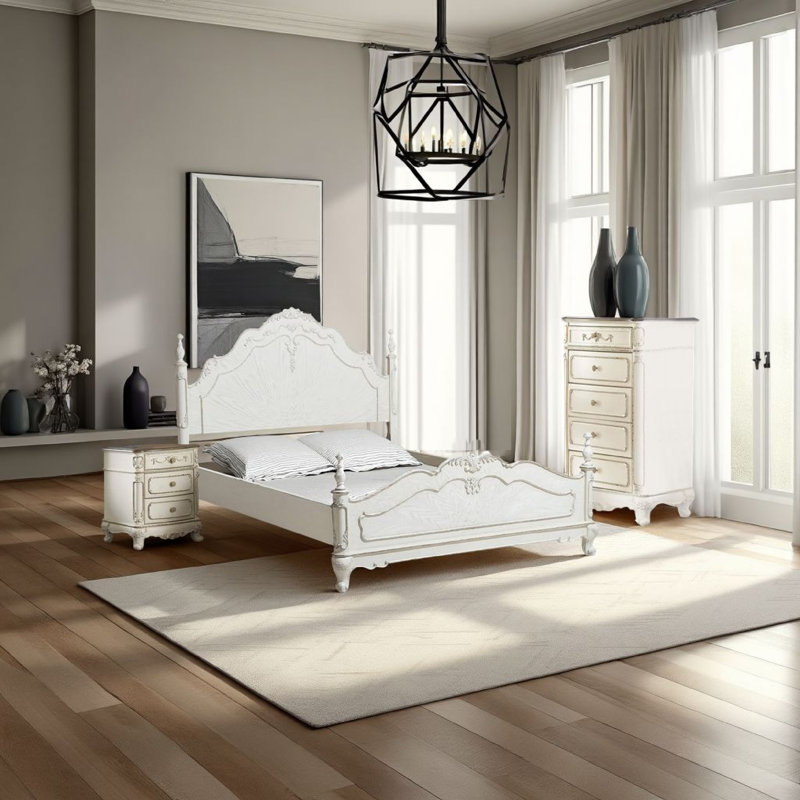 Ensemble de chambre à coucher 3 pièces Prin, sculptures ornées, blanc antique, traditionnel