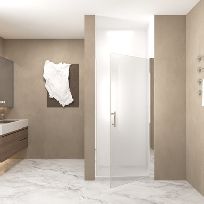 Porte de douche pivotante en verre pivotant, sans cadre, verre trempé Sgcc de 1/4 pouce, poignée en acier inoxydable, verre trempé, facile à nettoyer, finition argentée.