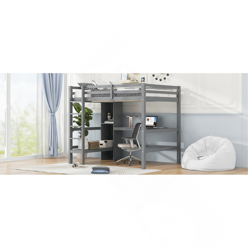 Lit mezzanine double avec tablettes multifonctionnelles et bureau sous le lit, Gris