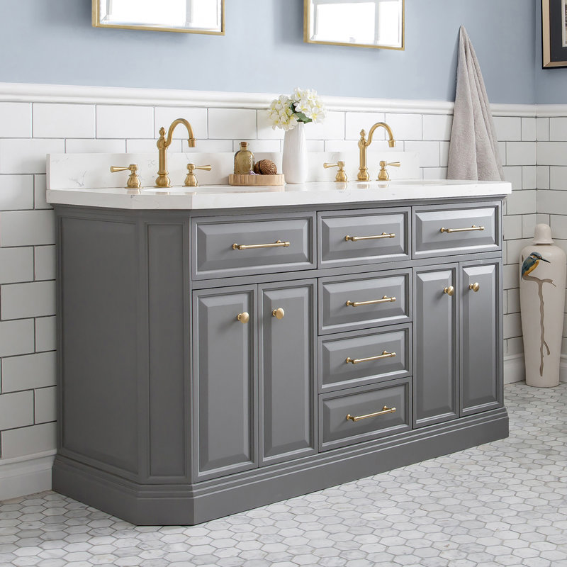 Ensemble de meuble-lavabo double 60 po Bruning Quartz, Gris cachemire, Laiton satiné