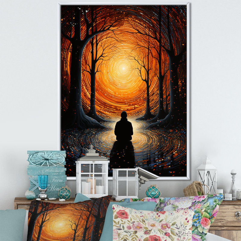 «Orange Orange Meditation Inner Journey Pointillism», art mural sur toile, H 32 po x l 16 po, Cadre flottant blanc