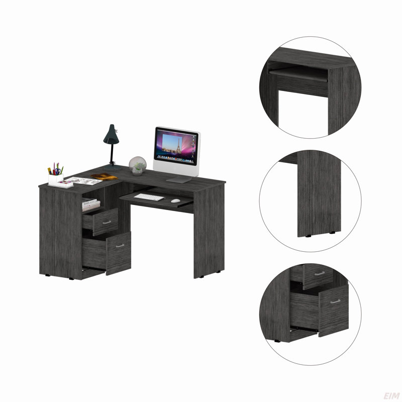 Mix L-Shaped Desk, Keyboard Tray, Two Drawers, Single Open Shelf (Desk)