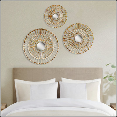 Ensemble de décoration murale ronde en fibre naturelle et miroir 3 pièces, parfait pour les décors bohémiens modernes et les options de présentation polyvalentes.
