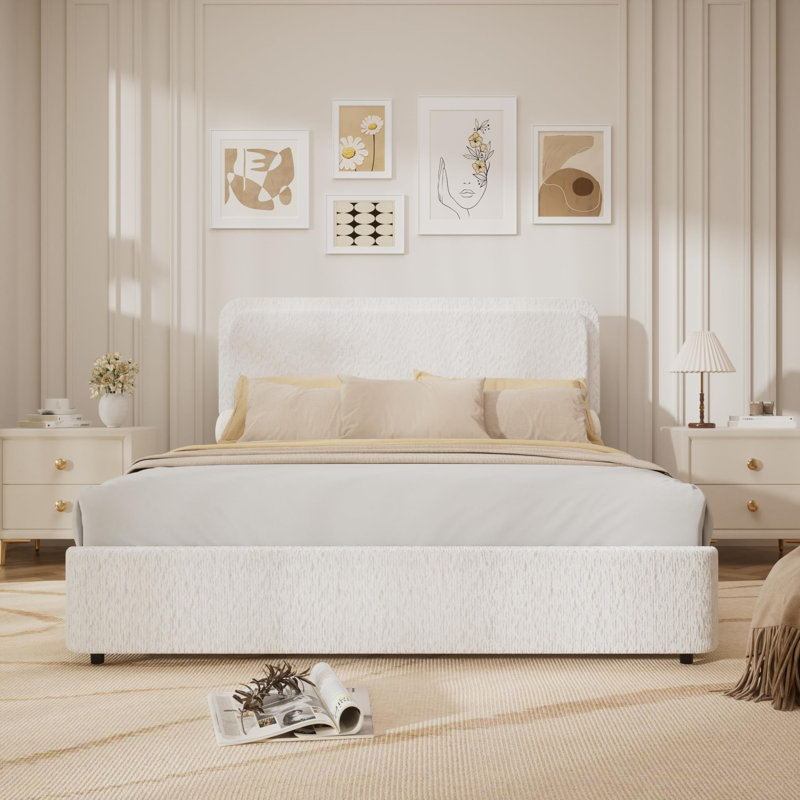 Bed Frame, Boucle Upholstered Bed Frame With Headboard, 2 Storage Drawers, Full