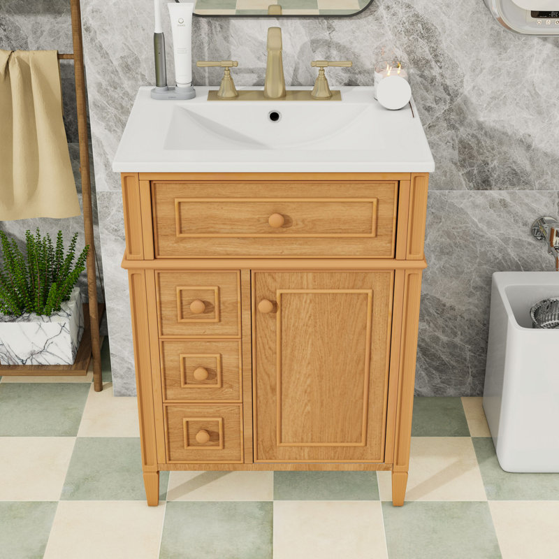 Freestanding Wood Bathroom Vanity with Ceramic Sink, Tilt-Out Drawer, Soft-Close Hinges and Ample Storage