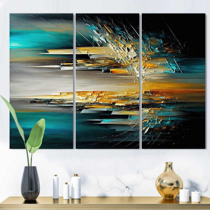 " Abstract Geometric Green And Yellow " 3 - Pieces, 32" H x 48" W x 1" D, Wrapped Canvas