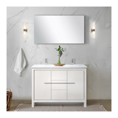 Ensemble de meuble-lavabo double blanc l 48 po x P 20 po, plateau en marbre de culture, robinet chromé et miroir de 43 po