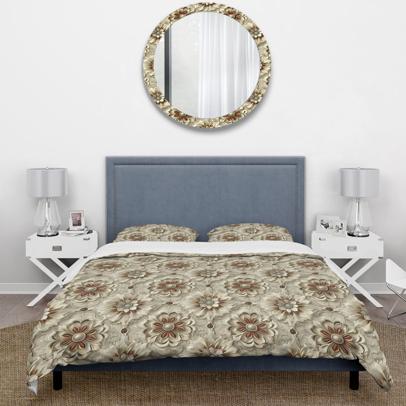 Ensemble de housse de couette Beige White Floral Mosaic II - Traditional, Housse de couette très grand et 2 très grandes t