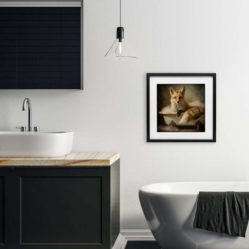 Reproduction sous verre Red Fox Bubble Bath, conception de Tina LeCour, H 13 po x l 13 po, Cadre noir minuit