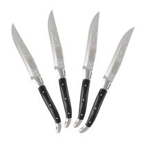 Laguiole steak knives, white acrylic handles, dishwasher safe Length of  handle 12 cm Bee Welded bee Bolsters Full handle Packaging Block of 6  Nature of the handle Acrylic POM, white Steel blade