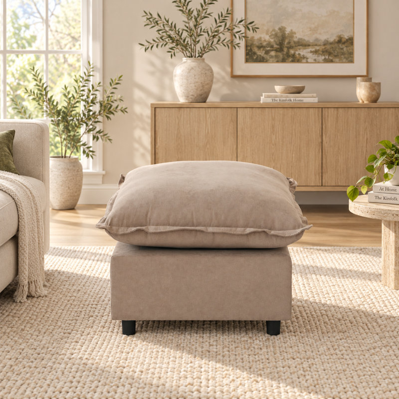 Moncada Upholstered Modern Linen Fabric Ottoman, Khaki