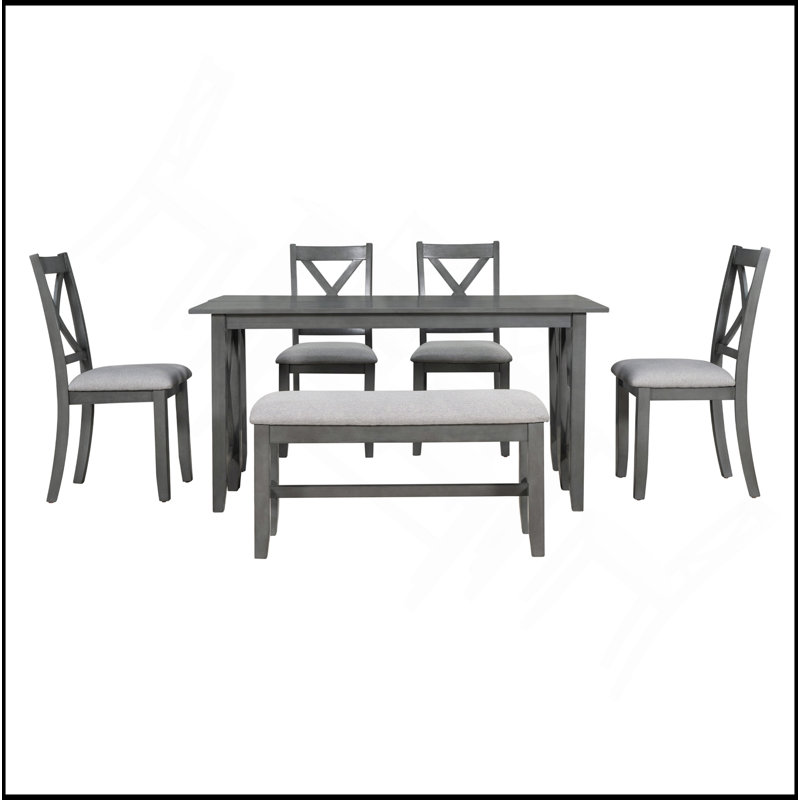 Ensemble de salle à manger 6 pièces en bois massif avec 4 chaises et banc pour la salle à manger, Gris