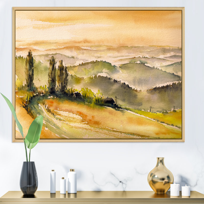 Paysage rétro avec vignobles - peinture sur toile, H 34 po x l 44 po, Cadre flottant en érable