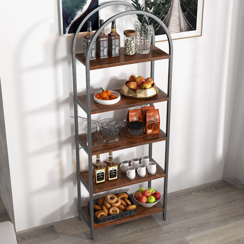 71" Arched 5-Tier Bookshelf with Metal Frame, Tall Industrial Display Shelf for Living Room, Bedroom, or Home Office