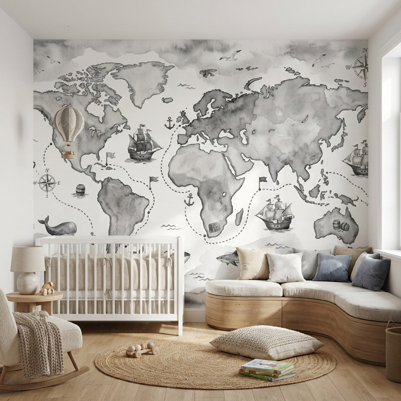 Papier peint carte du monde océan nautique, Texturé non collé, 160 po x 108 po