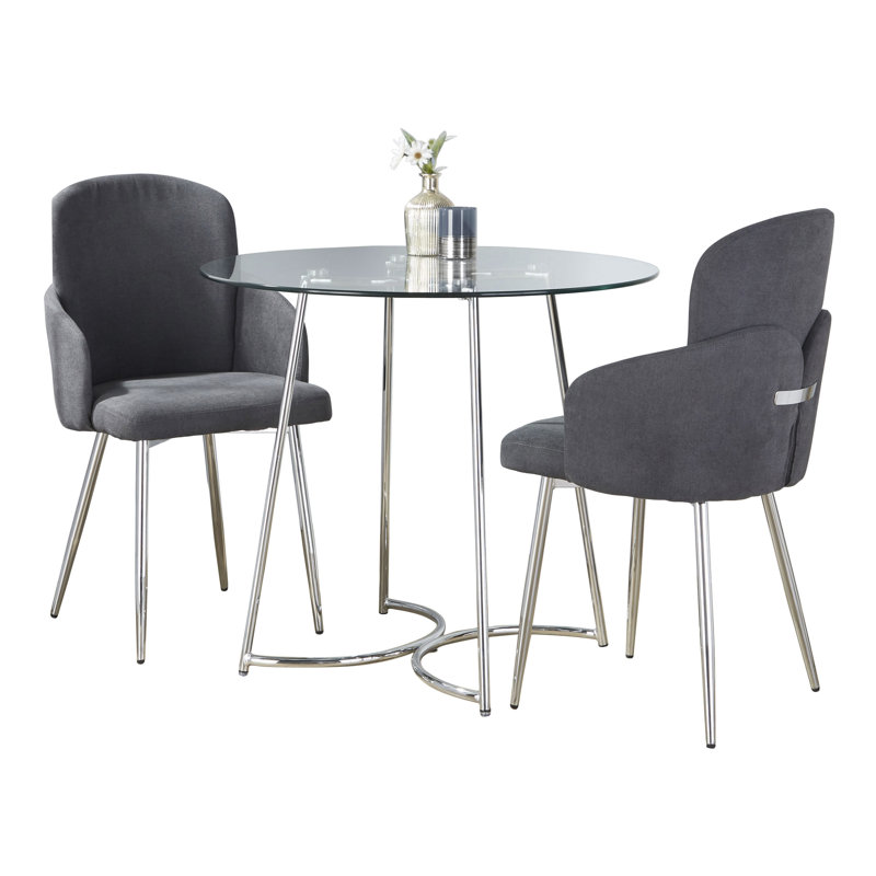 Chrome and Clear Glass Dining Set with Grey Fabric Chairs - 3 Piece