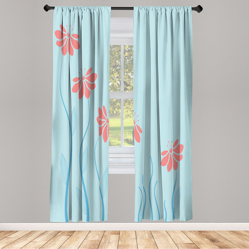 Microfiber Floral Semi-Sheer Rod Pocket Curtain Panels, 28" W x 84" L, Pink/Light Blue