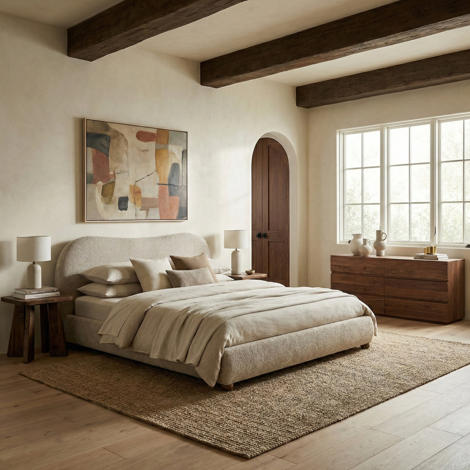 Liza Upholstered Bed, Queen, Light Brown Chenille