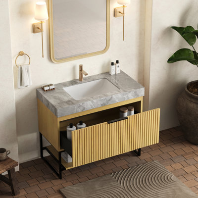 Meuble-lavabo de 36 po, comptoir en pierre frittée grise, cuve en céramique encastrée, armoire en chêne, tiroir et tablette ouverte, comptoir autoportant sans bassin en coin, grand rangement en contreplaqué
