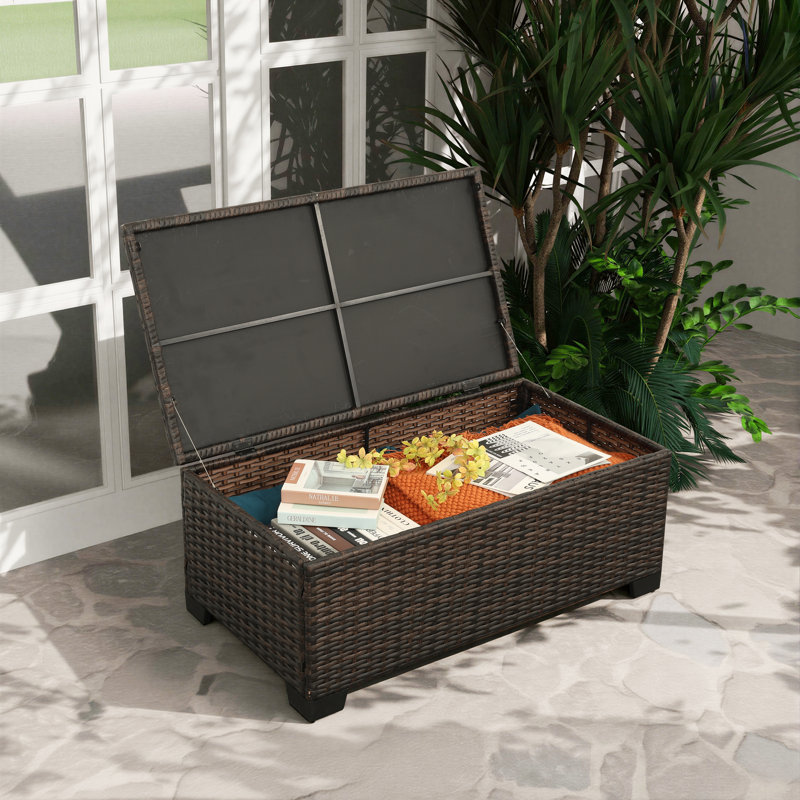 Outdoor Table with Storage Patio Table Wicker Coffee Table All-Weather Side Table Waterproof Cover, Brown
