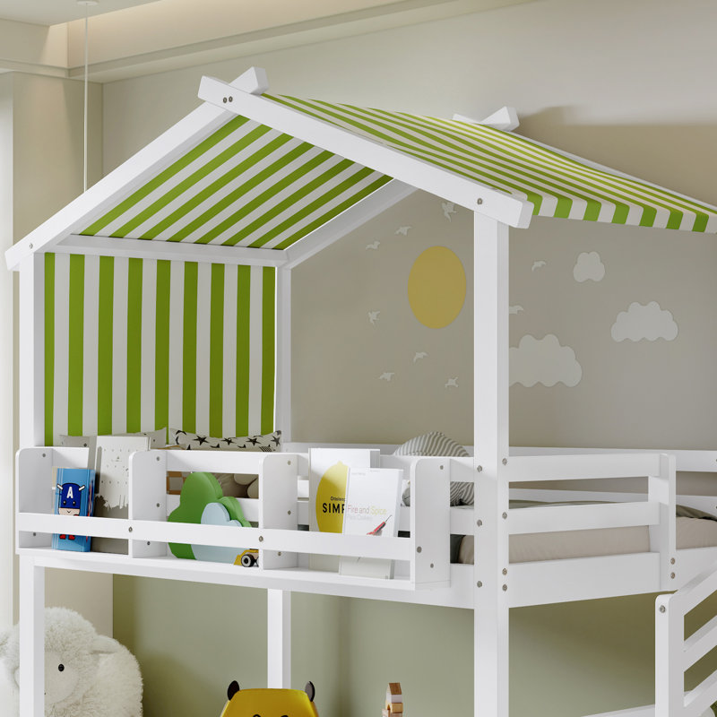 Children's Bunk Bed With Canopy, Corner Stairs & Bookshelf