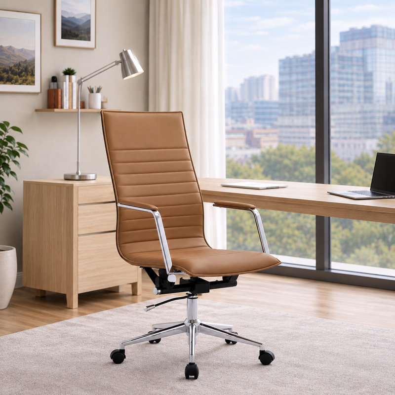 Set of 2 Modern High Back Office Desk Chair | Upholstered Ribbed PU Leather with Metal Frame | Computer Armchair for Home, Executive, Conference, Meetings