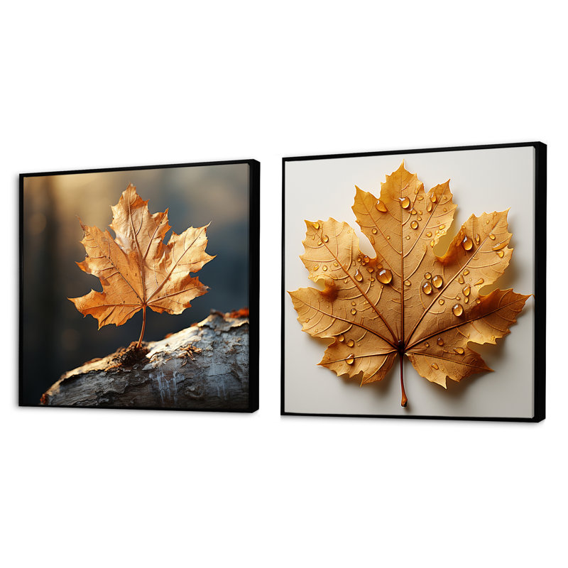 Ensemble de 2 feuilles de brun à motif de feuilles de roux - Collage carré à feuilles, Cadre flottant noir, H 16 po x l 33 po