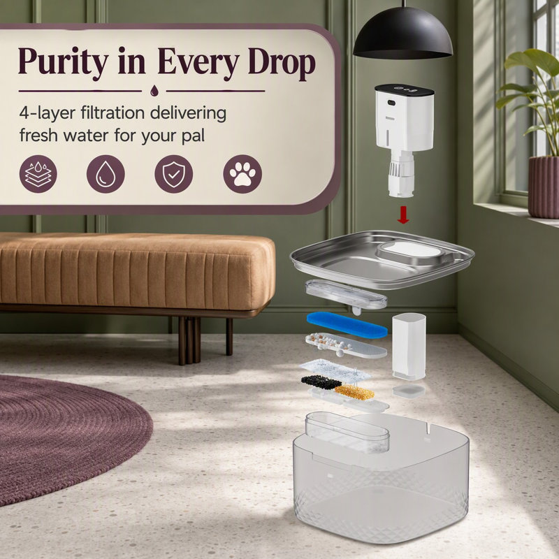 2L Cordless Cat Fountain with a stainless steel tray.