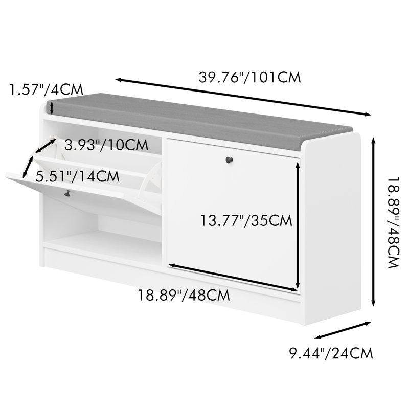 Banc de rangement pour chaussures blanc pour le vestibule, armoire à chaussures 10-15 paires avec coussin et tablettes réglables