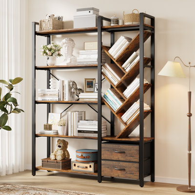 5-tier Industrial Bookshelf With Tree Design, 2 Fabric Drawers And Adjustable Feet – Rustic Brown
