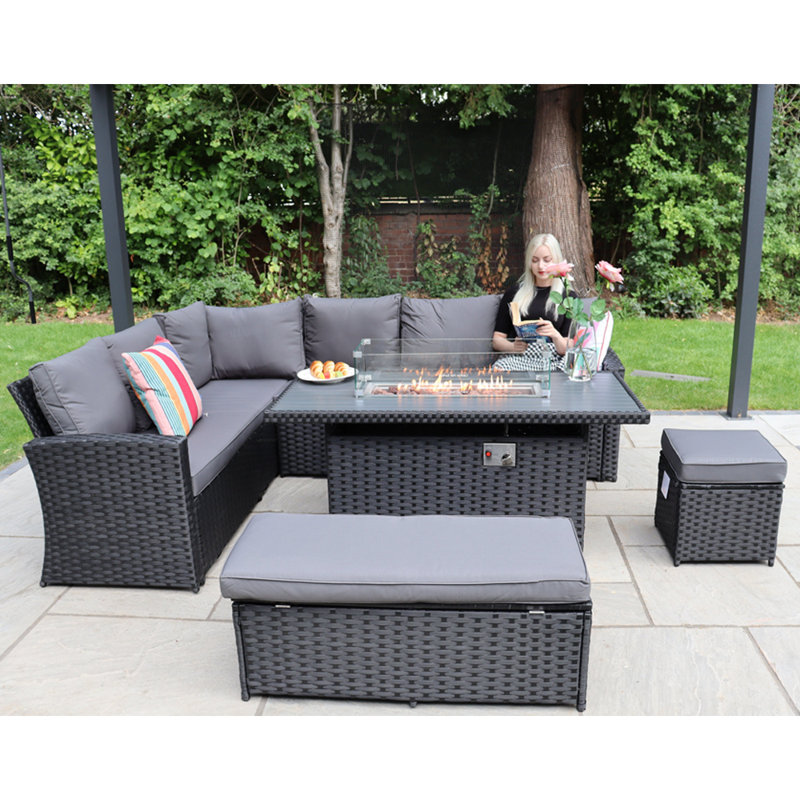 Rosen 9 Seater Corner Sofa  Set With Fire-pit Dining Table With Storage Box & Rain Cover, Black