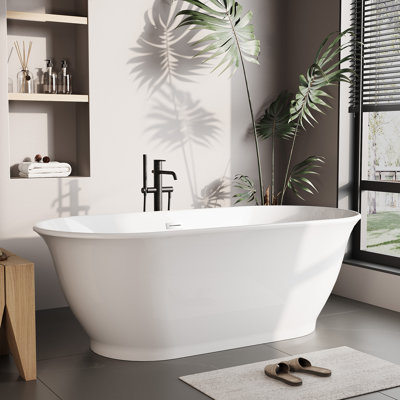 Baignoire autoportante 59 po, baignoire en acrylique antidérapante avec trop-plein, drain argent mat, baignoire autoportante moderne, baignoire autoportante profonde pour salle de bain, hôtel, installation facile, certification CUPC