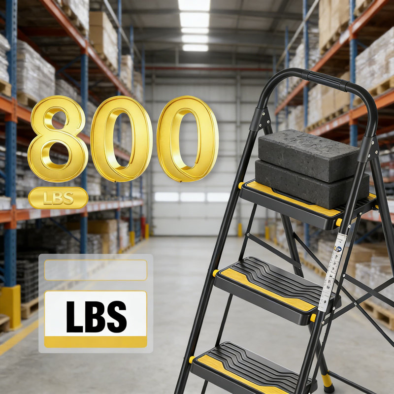 Échelle robuste à 4 marches avec capacité de 800 lb, larges marches antidérapantes et main courante sécurisée, escabeau pliant compact pour la maison, la cuisine, le bureau et les projets de bricolage