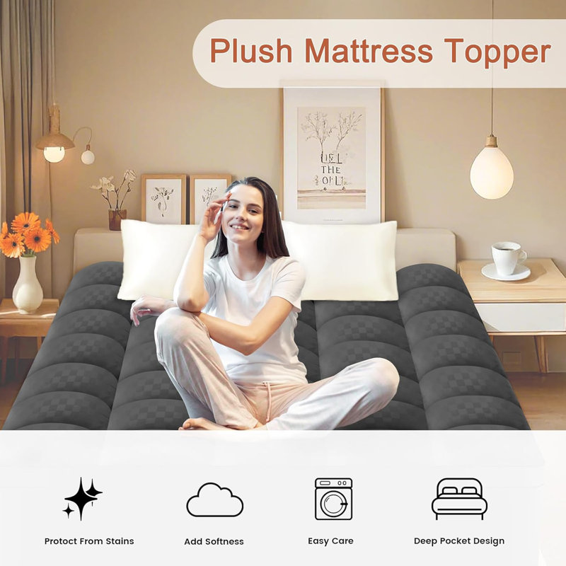 Quilted Mattress Topper For Back Pain Mattress Topper Mattress Protector Extra Thick Mattress Pad Cover Fluffy Mattress Cover Machine Washable(Dark Gray,)