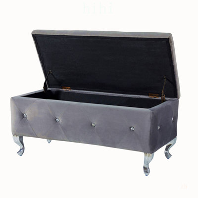 Tufted Storage Ottoman Bench with Large Upholstered Storage, Crystal Buttons, and Sturdy Metal Legs for Bedroom and Living Room (Grey)