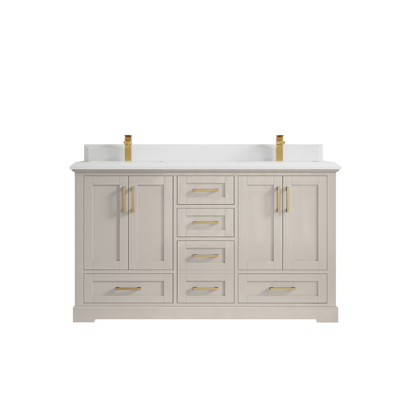 Boston 60 po X P 22 po Meuble-lavabo double D en grain fin avec quartz Cove Edge, Blanc
