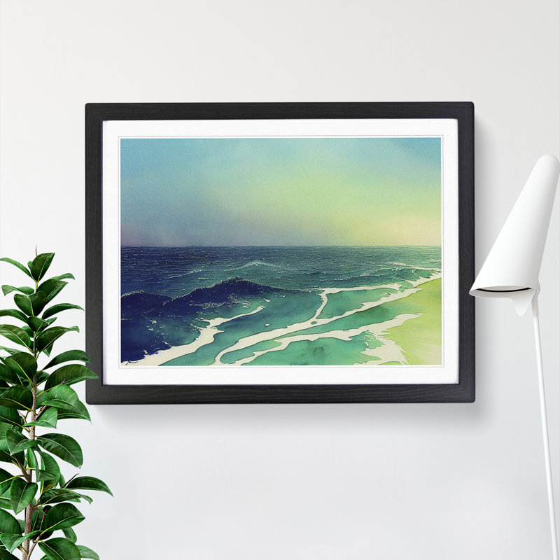 Aqua Ocean Beach - Single Picture Frame Print, 46cm H x 64cm W, Black