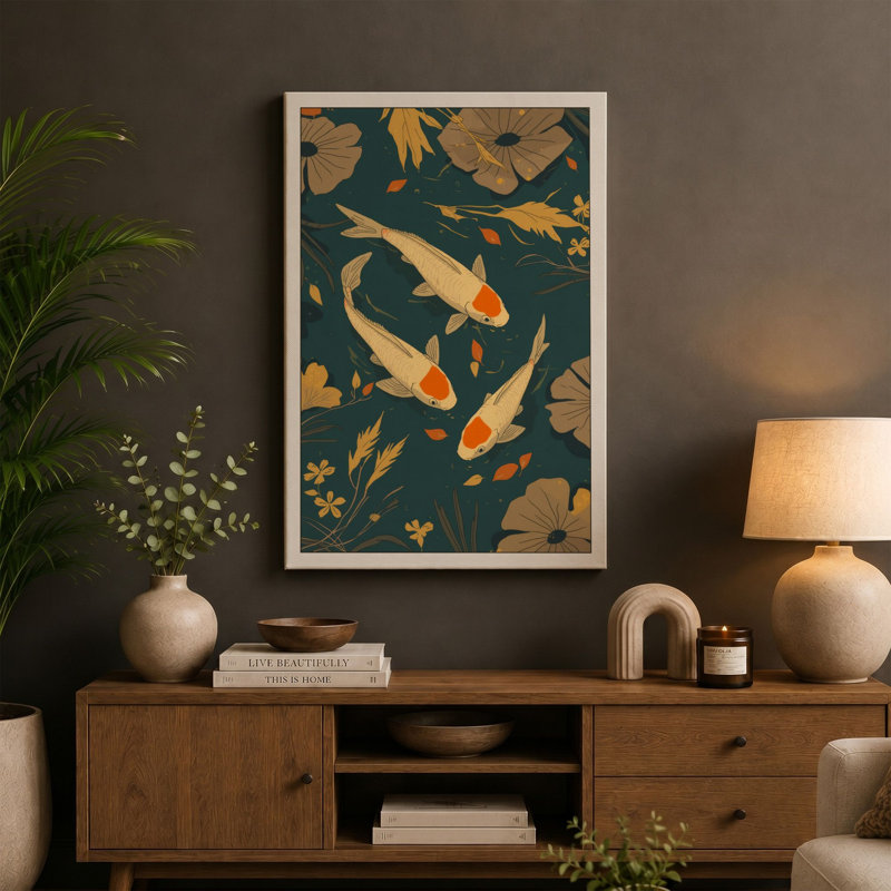 Golden Koi and Lotus Japandi - Wrapped Canvas, 18x12 - 45.7 x 30.5 cm, Taupe Border